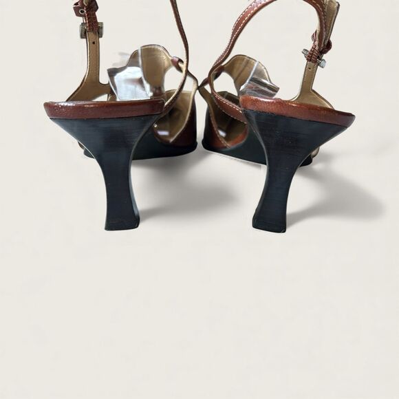 Y2k Vintage Franco Sarto Brown Leather Slingback Heels T-Strap Pointed Toe 7.5 - Picture 4 of 7